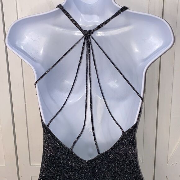 WYLDR Black With Silver Stitch Halter Strap Cross Back Mini Dress Size S/M - Picture 3 of 11